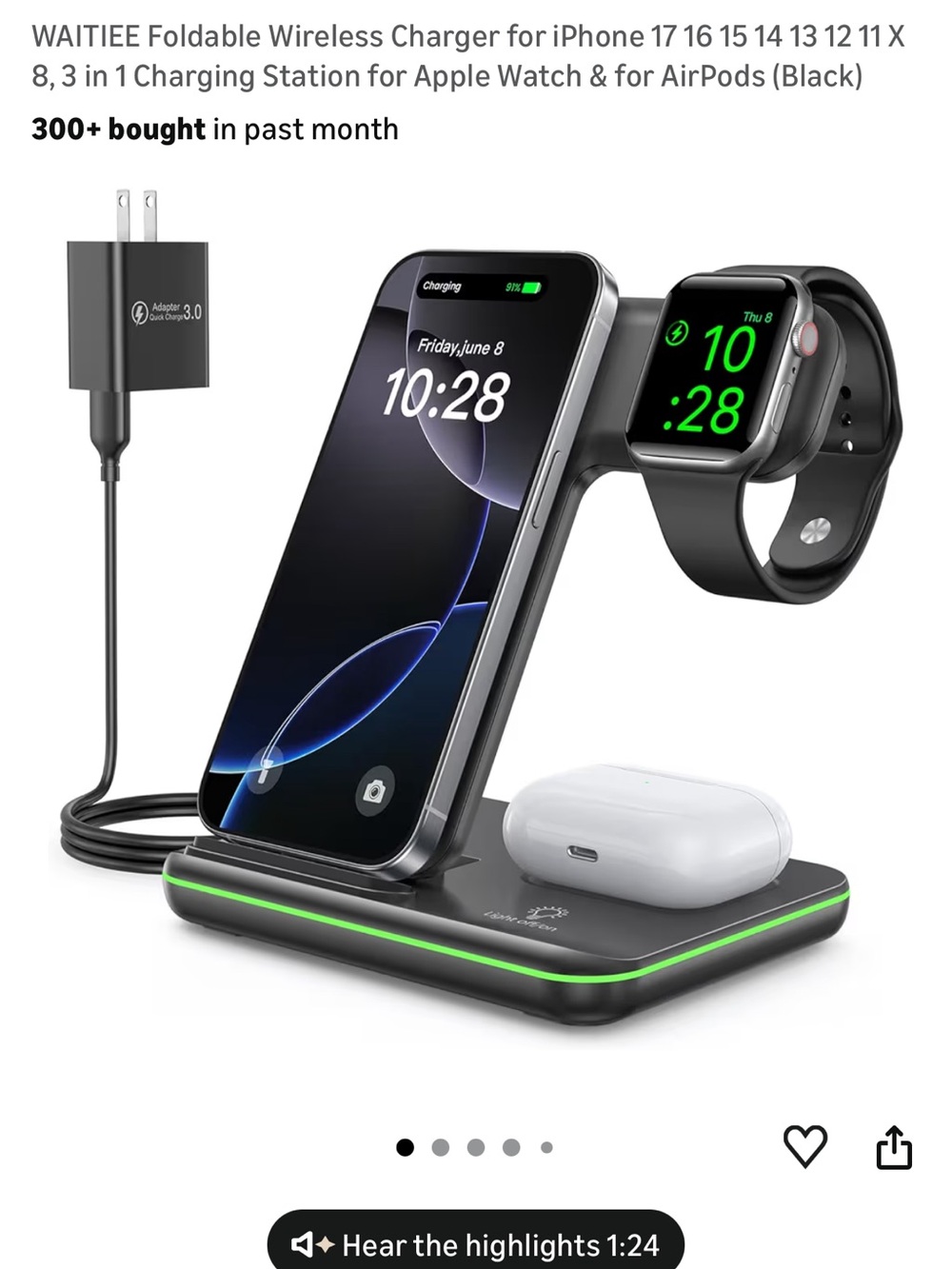 3-in-1 Wireless Charging Stand with LED Accent - Black Waitiee